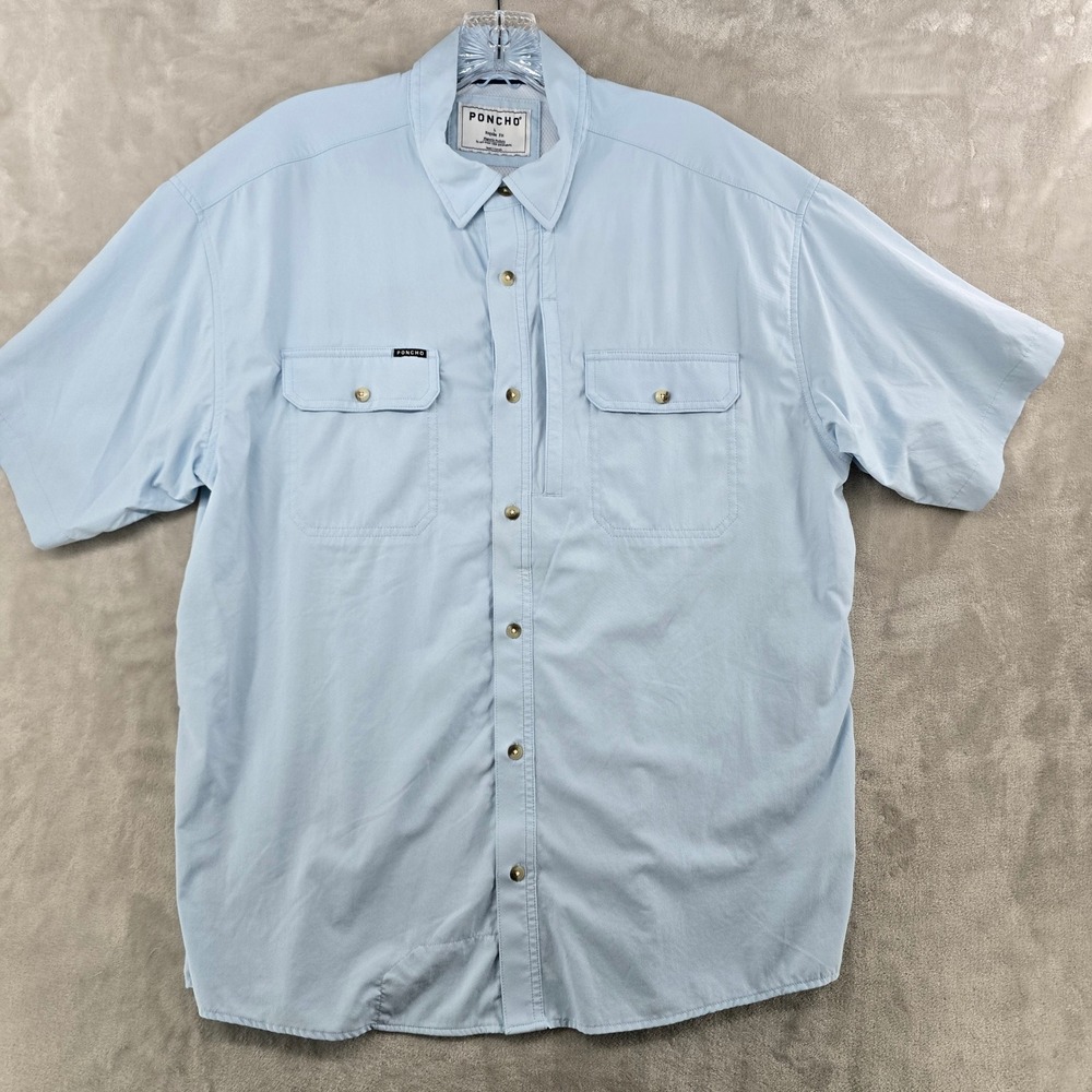 Poncho Fishing Shirt Mens Large Blue Short Sleeve Magnetic Pockets Vented Back